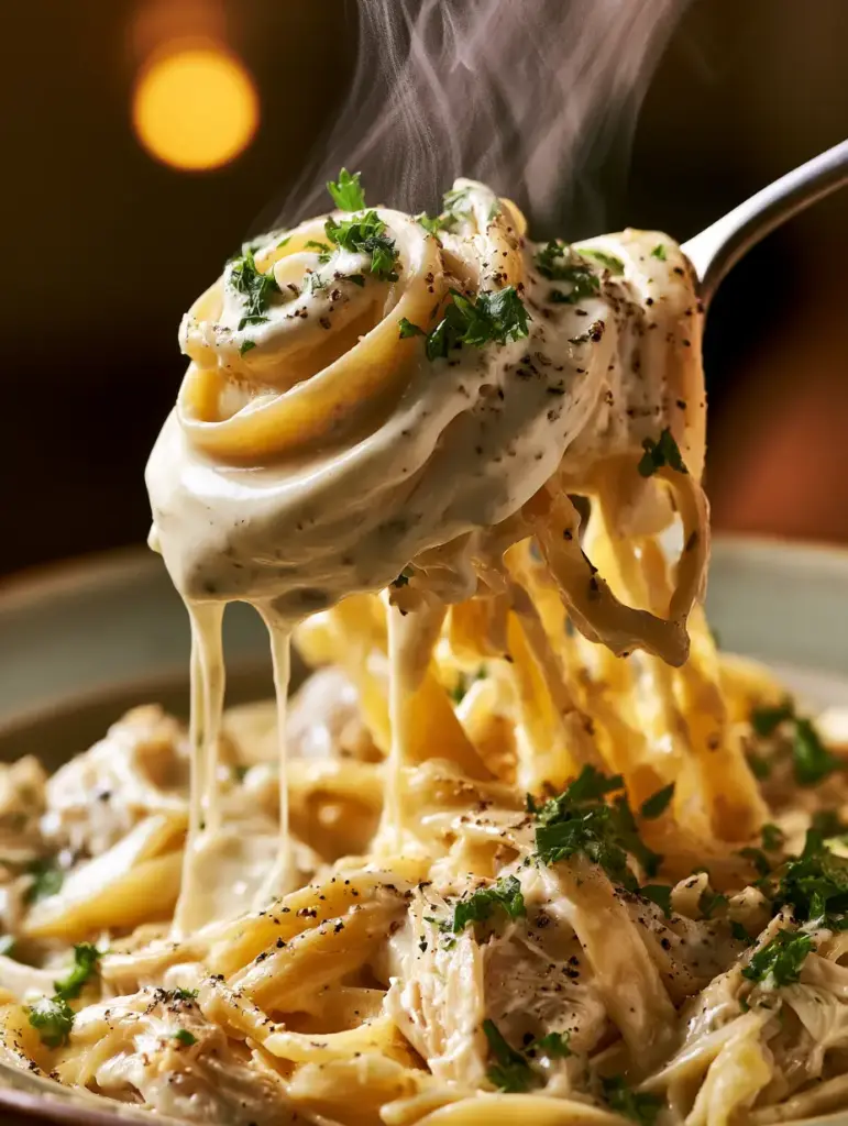Chicken Alfredo with Tender Shredded Chicken and Velvety Garlic Cream Sauce 1 Overhead shot of chicken alfredo with shredded chicken and fresh parsley garnish.