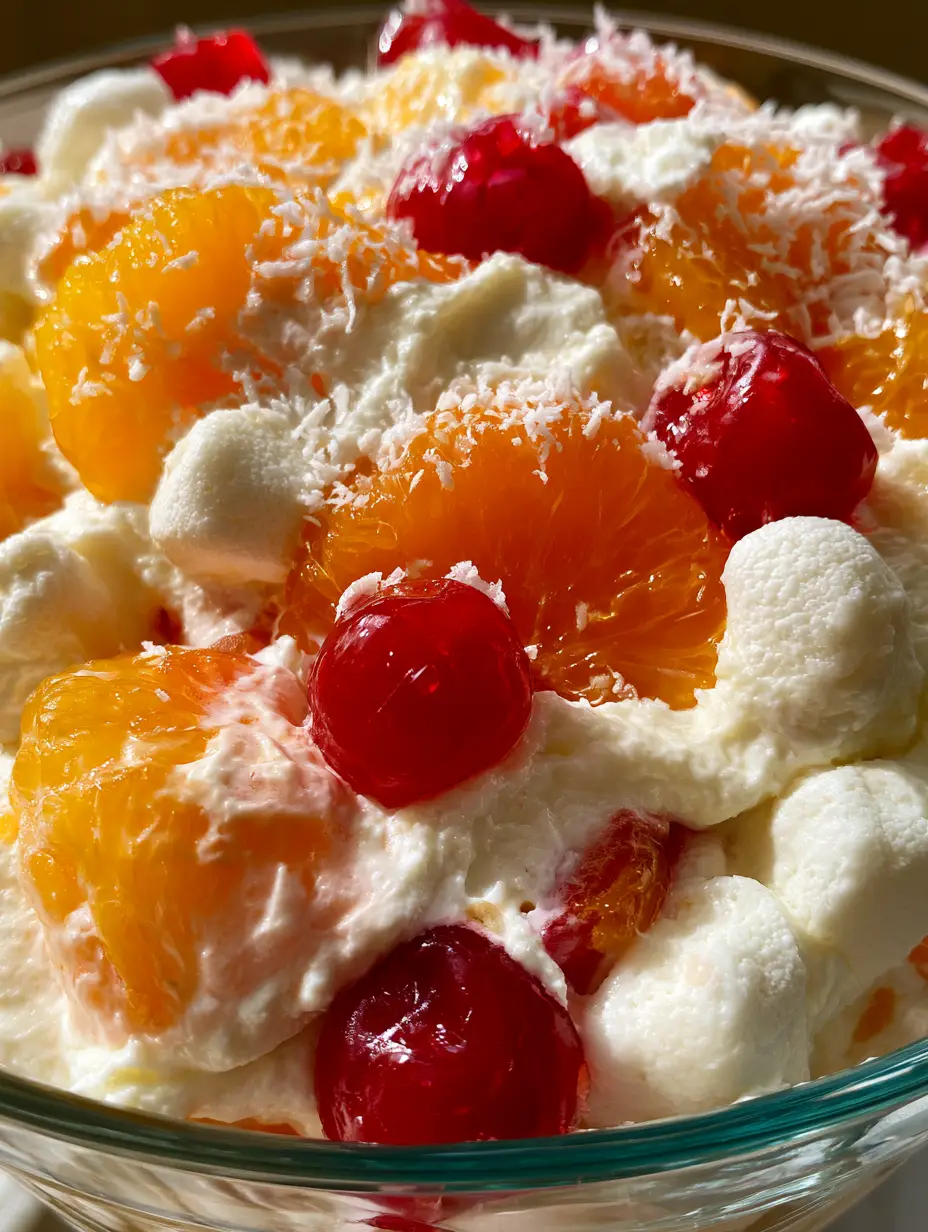 Ambrosia Fruit Salad: The Ultimate Fluffy Southern Classic 3 Close-up of fluffy ambrosia fruit salad with glistening mandarin oranges and soft marshmallows. (ambrosia fruit salad)