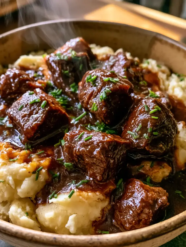 Handheld photo of a rustic bowl filled with gravy-covered beef bites and chives.