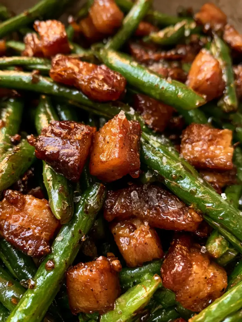 Glazed Green Beans with Crispy Bacon and Sea Salt 1 Vibrant tender-crisp glazed green beans with shimmering sea salt flakes and rustic kitchen background.