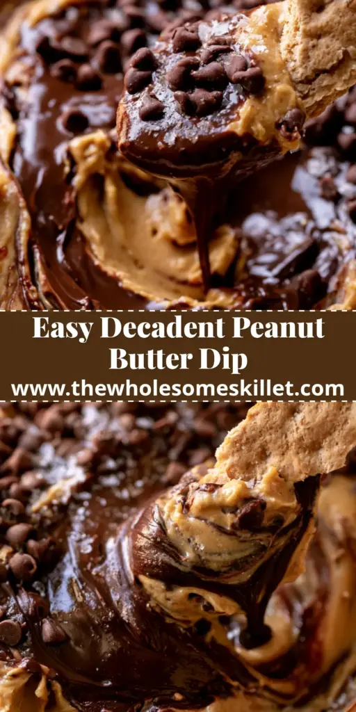 Overhead shot of a decadent peanut butter chocolate dip in a white bowl with molten dark chocolate swirls and flaky sea salt.