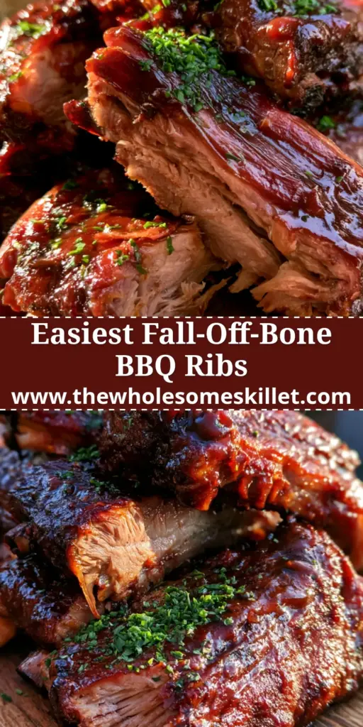 A stack of fall-off-the-bone bbq ribs on a wooden board with fresh herbs.
