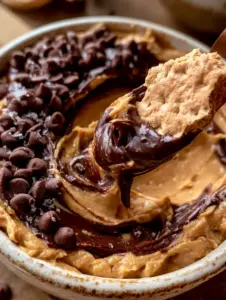 Close-up of golden peanut butter chocolate dip with a thick dark chocolate marble effect and white chocolate sprinkles.