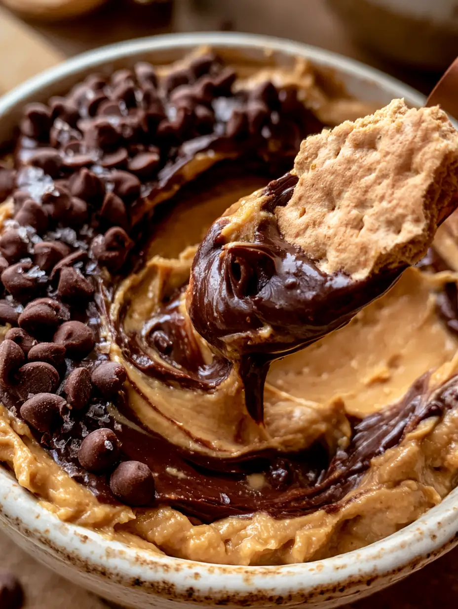 Close-up of golden peanut butter chocolate dip with a thick dark chocolate marble effect and white chocolate sprinkles.