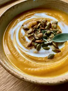 A close-up shot of creamy butternut squash soup with a coconut cream swirl in a rustic bowl. (soft foods)