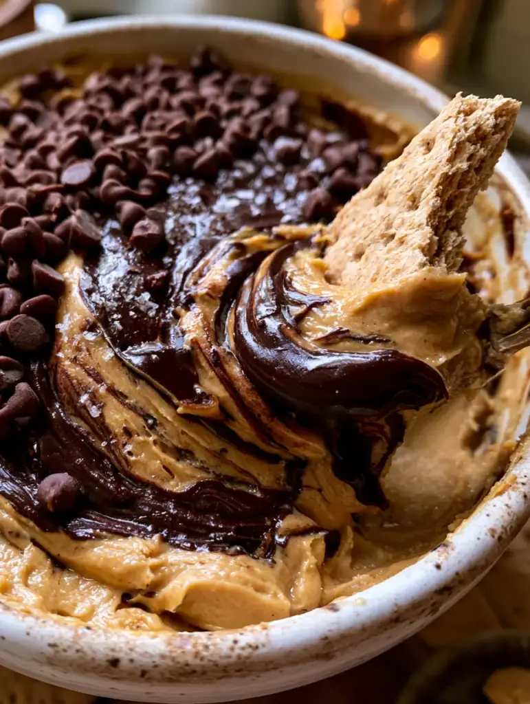 Handheld smartphone style photo of peanut butter chocolate dip featuring miniature chocolate chips and a graham cracker dipper.