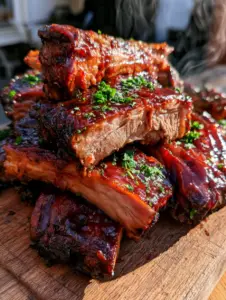 Close up of glistening bbq ribs with thick mahogany sauce and chives.