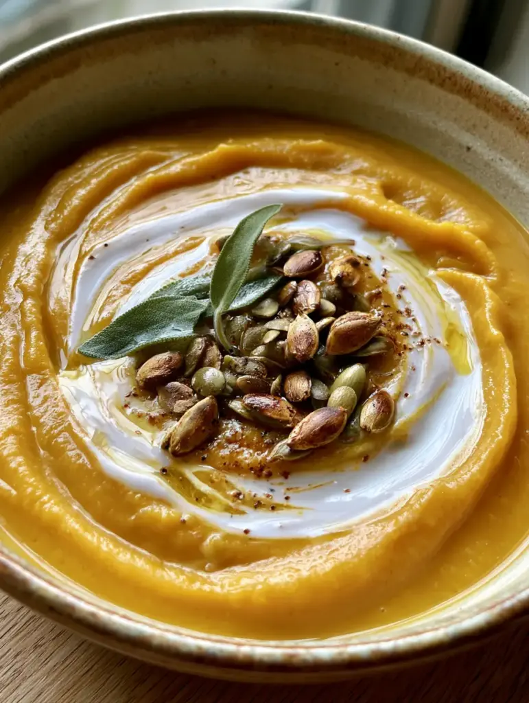 Handheld smartphone photo of roasted butternut squash soup garnished with sage and pumpkin seeds.