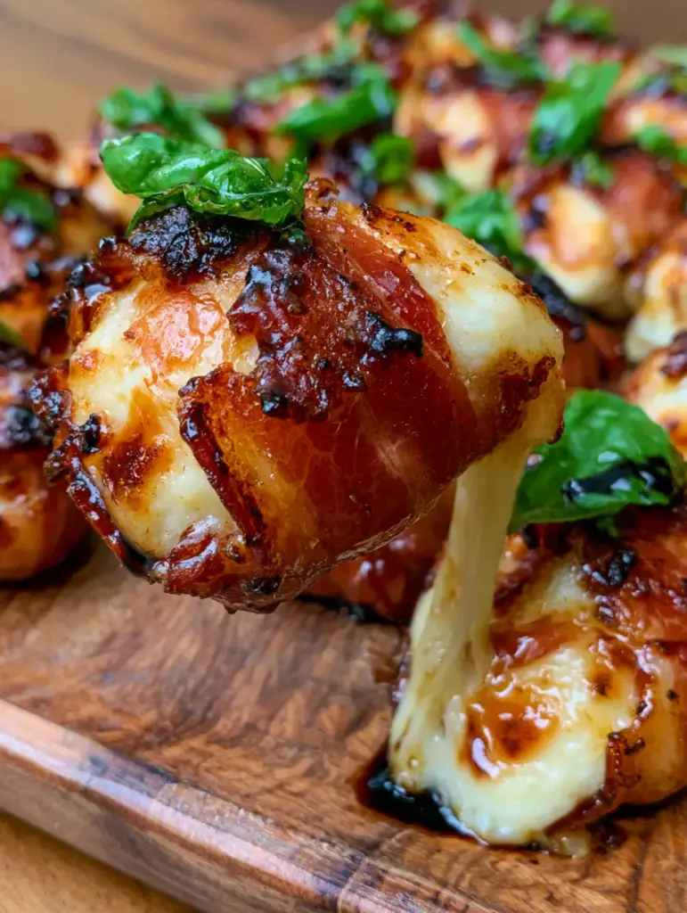 Top-down view of charred prosciutto wrapped mozzarella bites garnished with balsamic reduction on a wooden board.