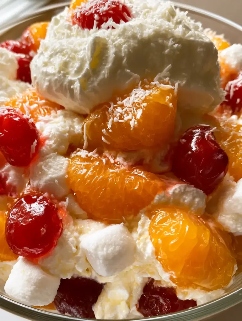 Ambrosia Fruit Salad: The Ultimate Fluffy Southern Classic 1 A handheld shot of a glass bowl filled with ambrosia fruit salad under soft window light. (ambrosia fruit salad)
