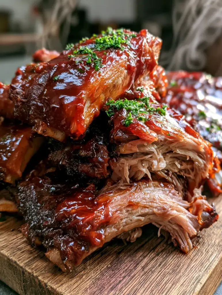 Tender bbq ribs pulled apart showing juicy light brown meat.