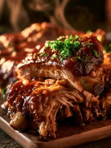 Hyperrealistic close-up of slow-cooked bbq ribs with steam rising and juicy shredded meat.