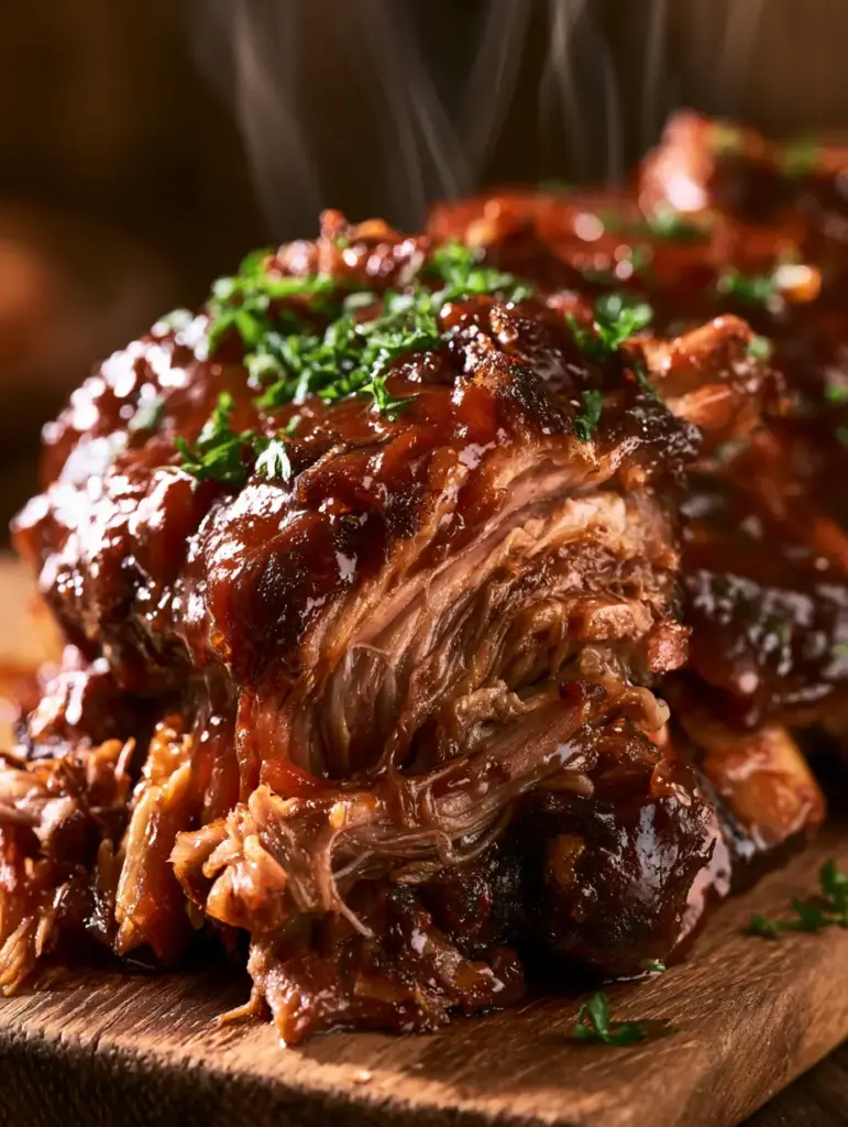 Sticky BBQ ribs glistening with sauce on a rustic wooden serving board.