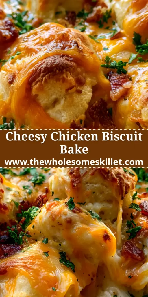 Chicken Biscuit Bake with Shredded Chicken and Crispy Bacon 4 A close-up shot of a bubbling chicken biscuit bake with golden-brown biscuit quarters, melted cheddar, and crispy bacon bits.