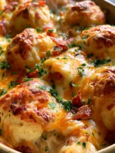 Top-down view of a chicken biscuit bake fresh from the oven, showing steam and bubbling cheese. (chicken biscuit bake)