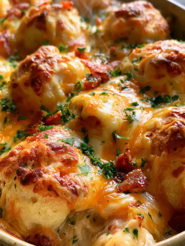 Chicken Biscuit Bake with Shredded Chicken and Crispy Bacon 2 Top-down view of a chicken biscuit bake fresh from the oven, showing steam and bubbling cheese. (chicken biscuit bake)