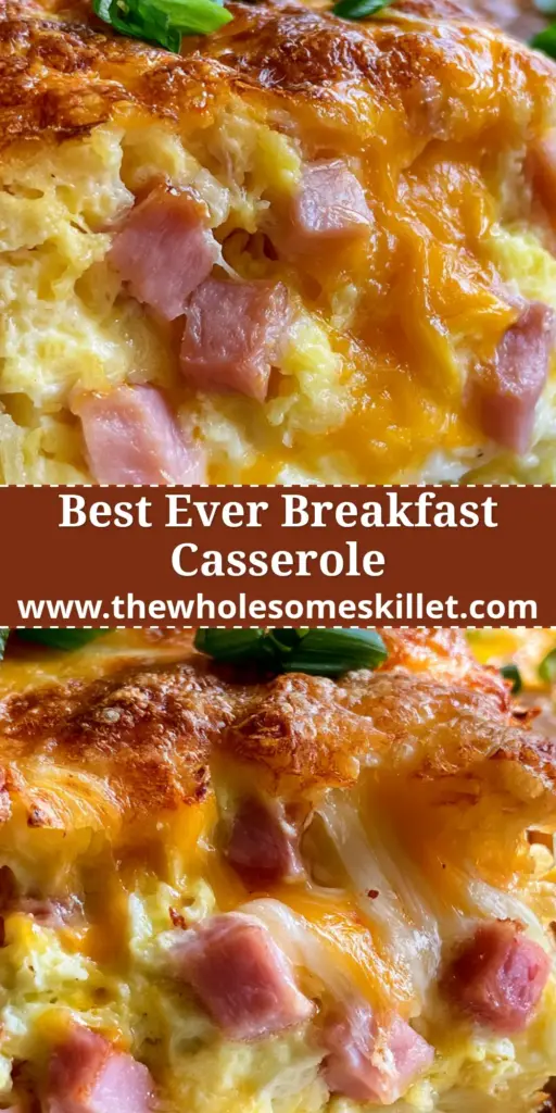 A close up photo of a golden brown farmhouse breakfast bake slice being lifted, showing layers of crispy potatoes, ham, and melted cheese.