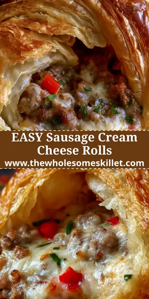A stack of golden brown sausage crescent rolls on a rustic platter, garnished with fresh chives and red pepper bits.