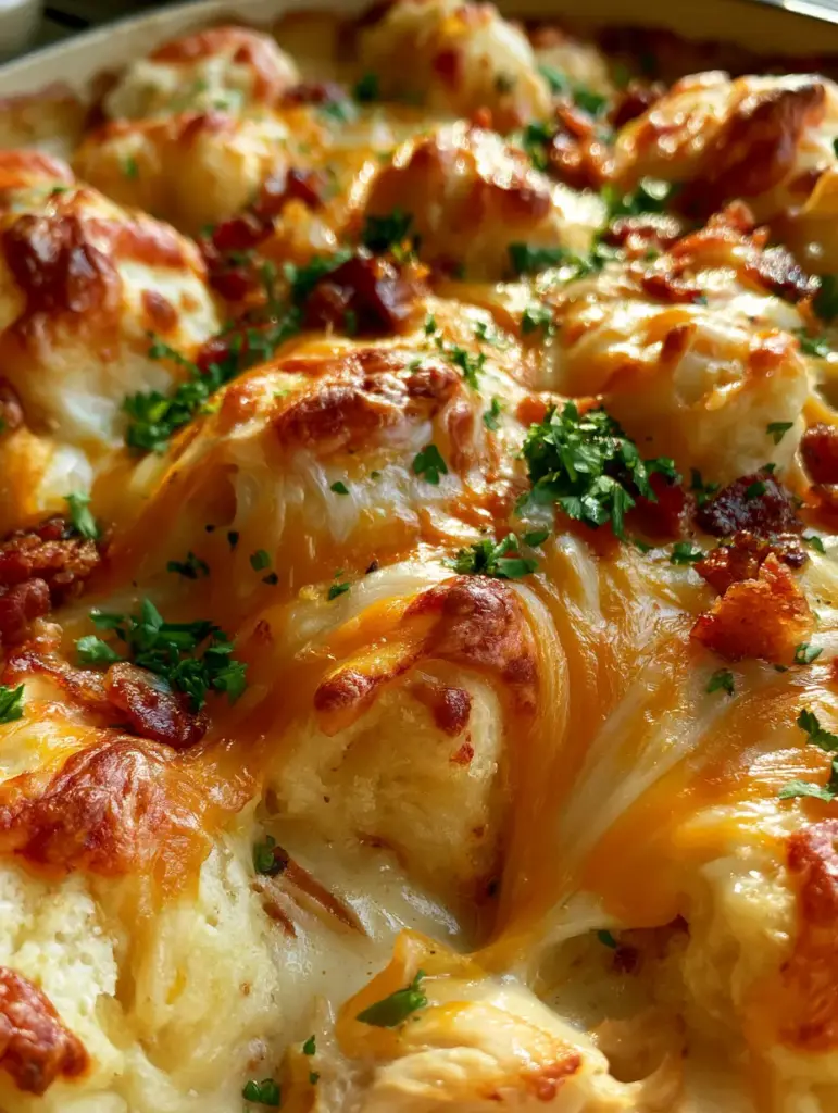 Chicken Biscuit Bake with Shredded Chicken and Crispy Bacon 1 Close-up detail of melted Monterey Jack and cheddar cheese cascading over airy biscuit pieces in a chicken biscuit bake.