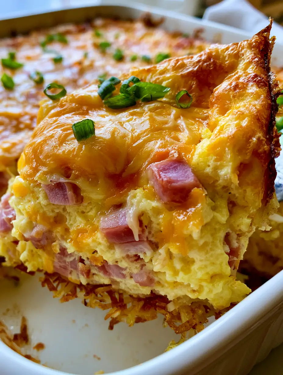 A steaming slice of farmhouse breakfast bake showing the crispy hash brown bottom and bubbly cheese top.