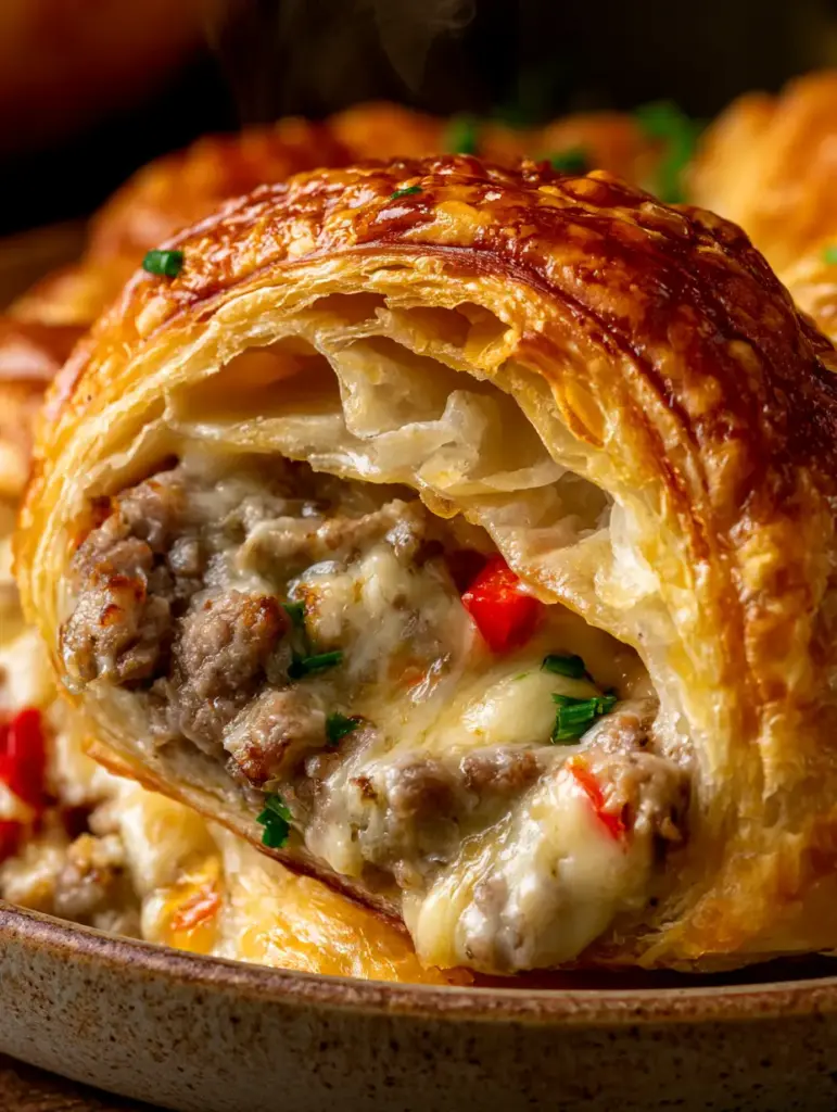 Macro shot of a flaky sausage crescent roll cut open to show the gooey cream cheese and sausage filling. (sausage crescent rolls)
