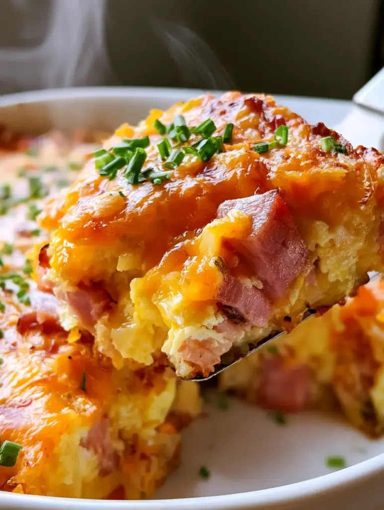 Close-up of a golden-brown farmers breakfast bake with steam rising and fresh chives on top.