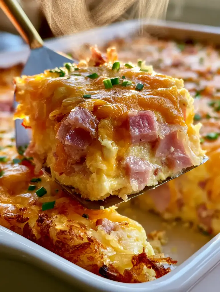 Overhead view of a hearty farmers breakfast bake in a ceramic dish garnished with green chives.