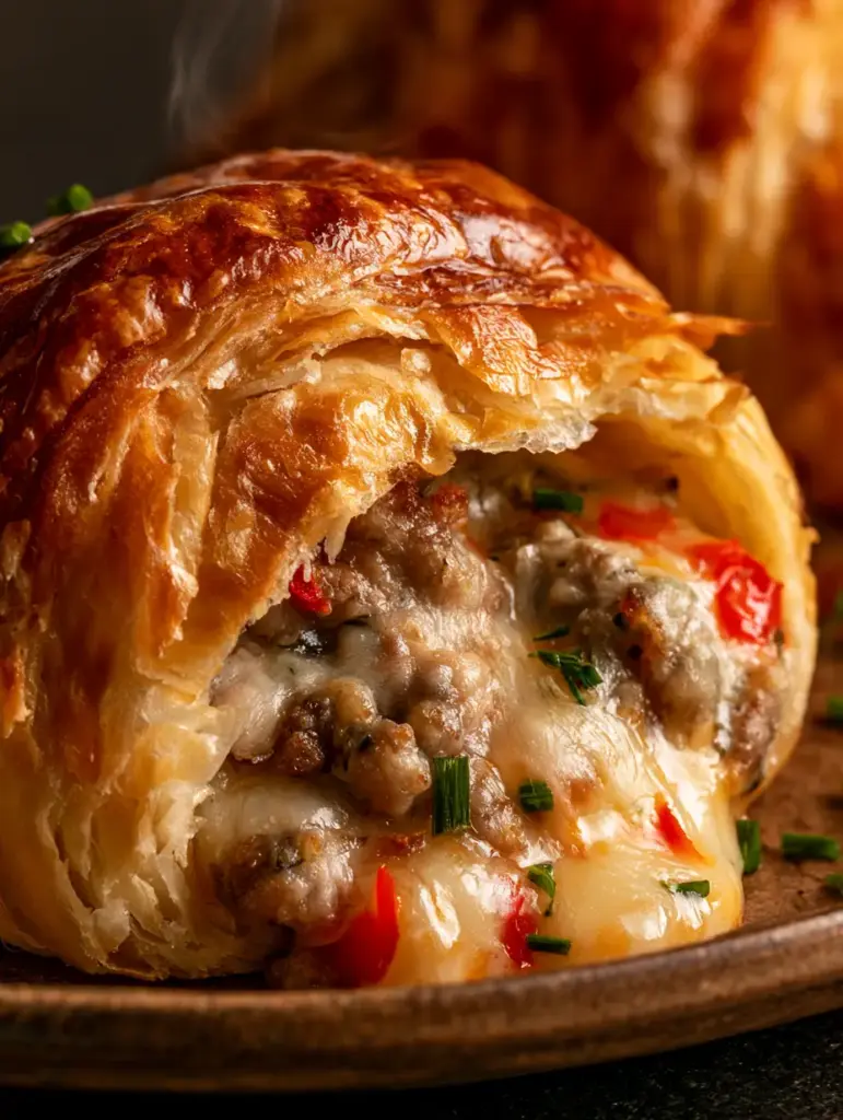 Close up of sausage crescent rolls on a dark ceramic dish, steam rising and glistening with egg wash.