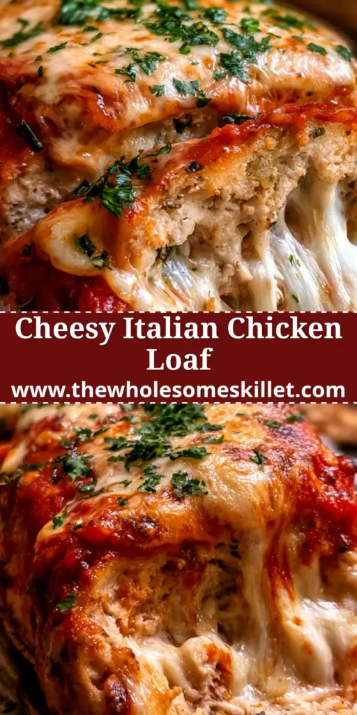 A close-up, top-down shot of a golden-baked chicken parmesan loaf coated in red marinara and bubbly melted mozzarella cheese on a rustic wooden board.