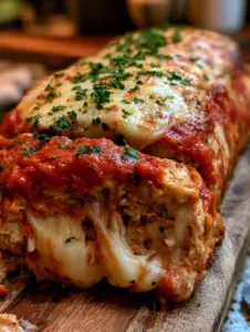 Top-down view of a chicken parmesan loaf featuring vibrant marinara sauce, melted mozzarella, and fresh parsley sprinkles.