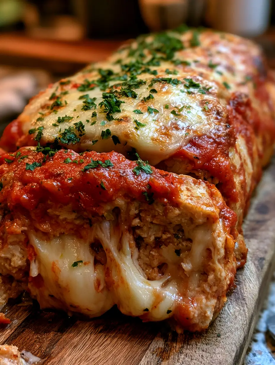 Top-down view of a chicken parmesan loaf featuring vibrant marinara sauce, melted mozzarella, and fresh parsley sprinkles.