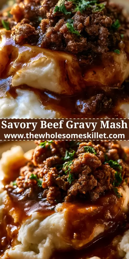 A rustic bowl of ground beef mash featuring layered ivory mashed potatoes, cascading dark brown gravy, and savory beef crumbles.
