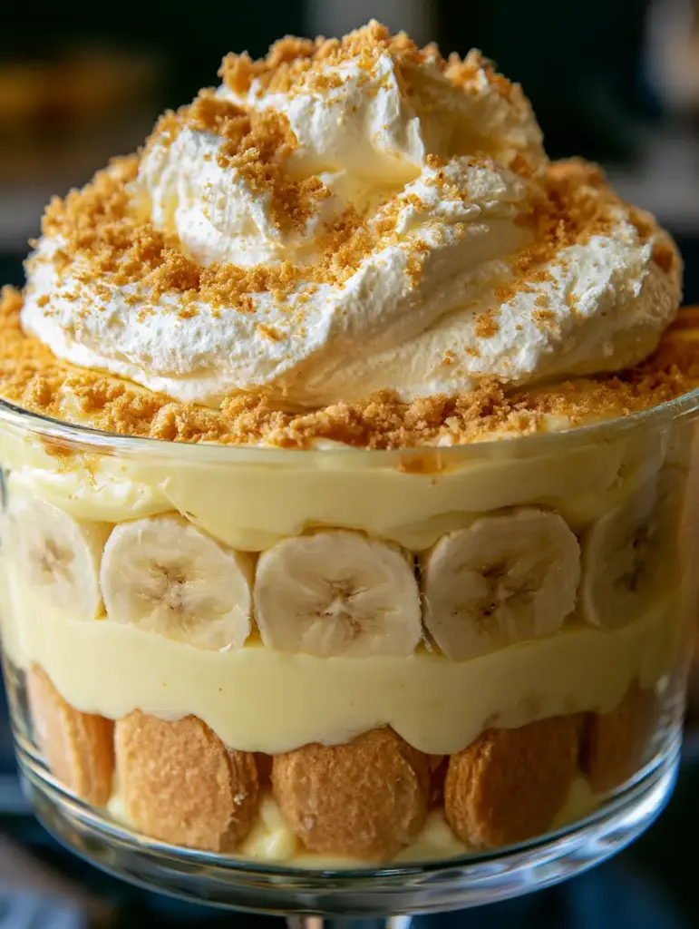 Banana Pudding: The Ultimate Southern Trifle with Silky Vanilla Custard 2 Macro shot of banana pudding showing thick pale yellow vanilla custard and golden-brown vanilla wafers layered in a glass bowl. (banana pudding)