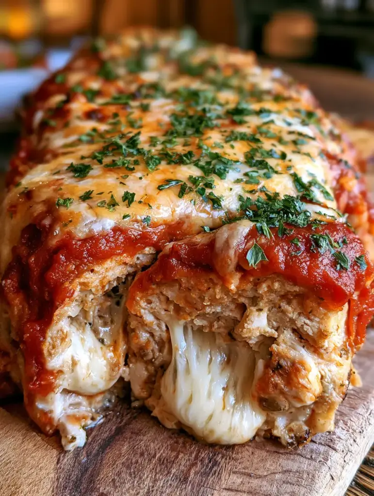 A cross-section slice of juicy chicken parmesan loaf revealing tender interior layers and stringy melted mozzarella pockets.