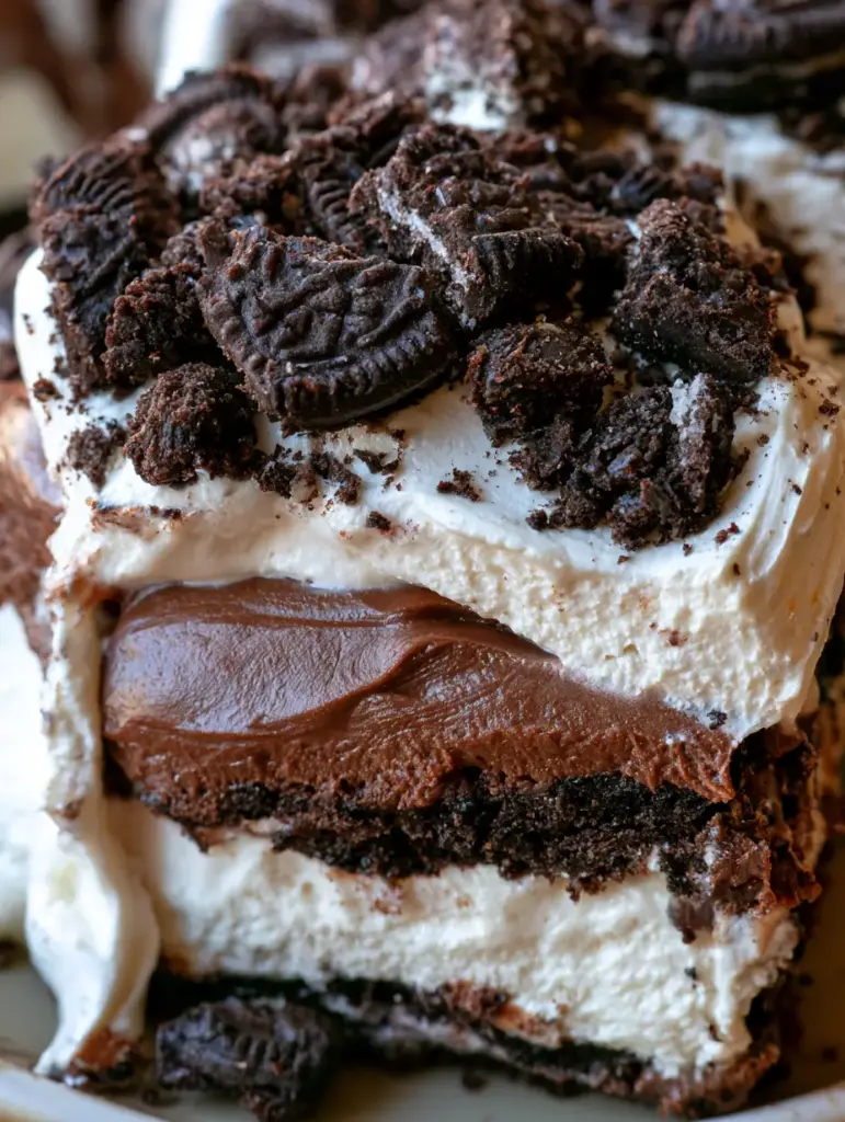 Macro close-up shot of a slice of no-bake oreo dream dessert showing the creamy cream cheese layer and smooth chocolate pudding with a frosting smudge. (oreo dream dessert)
