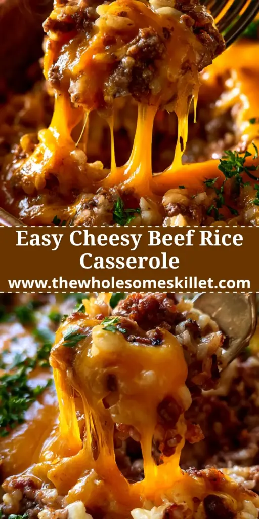 Beef Rice Bake: The Ultimate Cheesy Comfort Food Casserole 4 A close-up of a cheesy beef rice bake in a rustic bowl with a fork scooping a large, gooey portion showing a cheese pull.