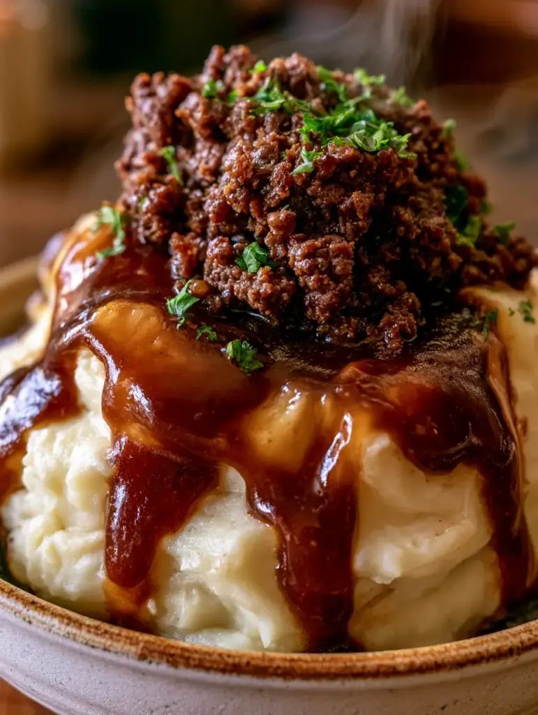 Close up of glossy amber gravy cascading down ivory white mashed potatoes in a ground beef mash.