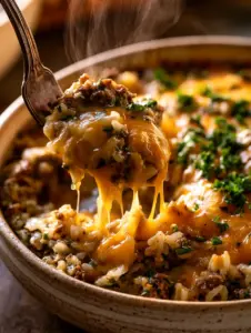 Top-down view of a beef rice bake with vibrant parsley garnish and golden melted cheddar cheese.