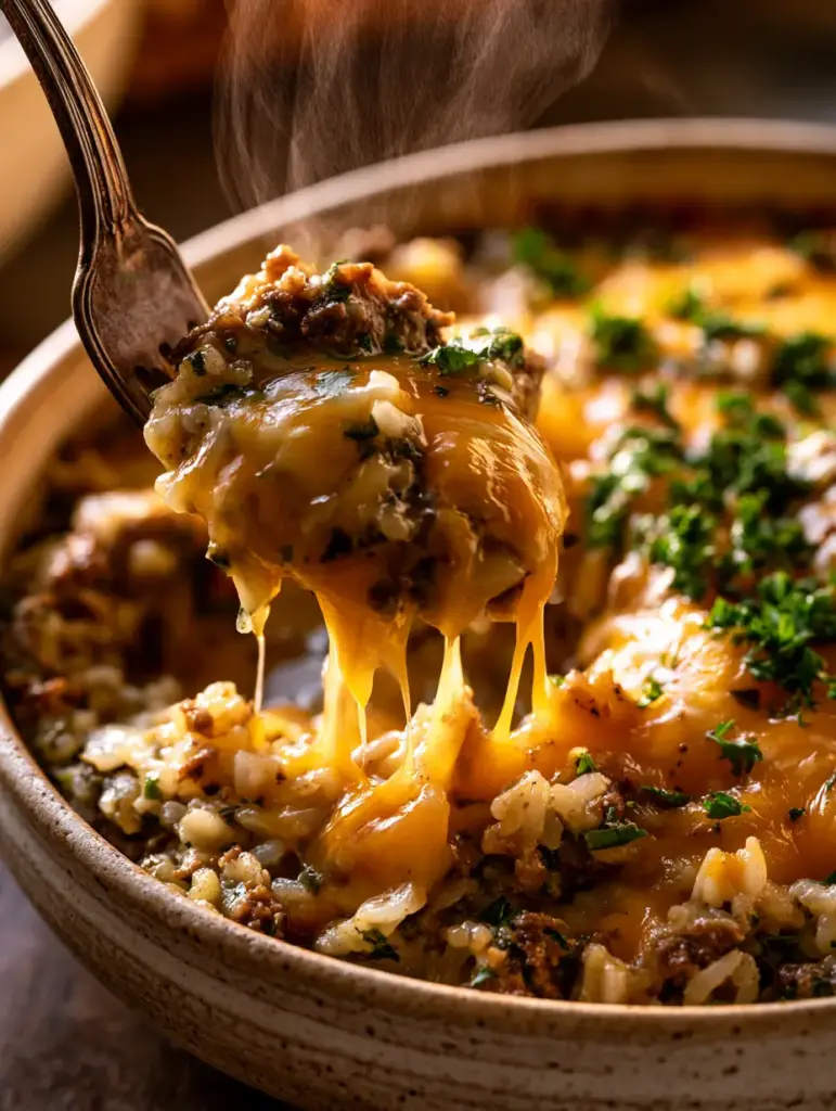 Top-down view of a beef rice bake with vibrant parsley garnish and golden melted cheddar cheese.