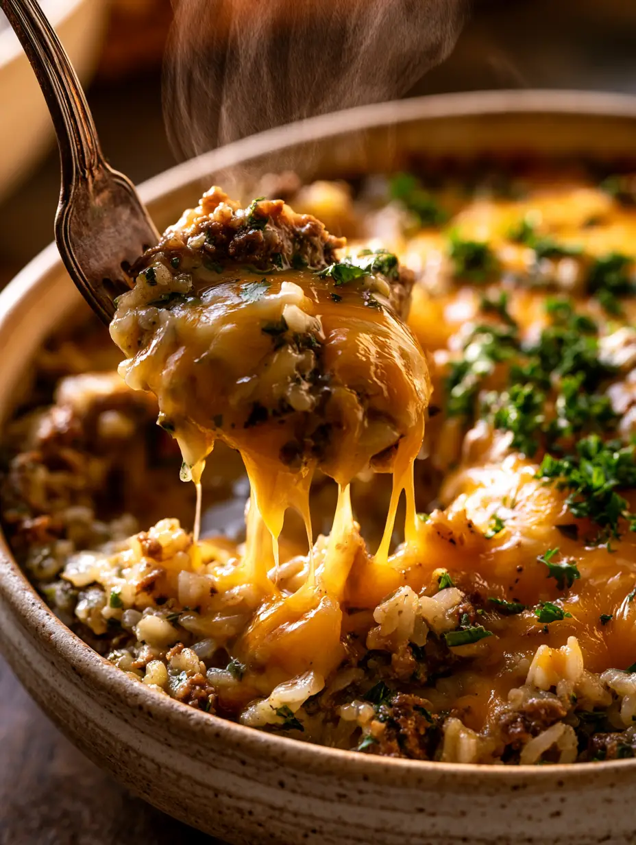 Beef Rice Bake: The Ultimate Cheesy Comfort Food Casserole 3 Top-down view of a beef rice bake with vibrant parsley garnish and golden melted cheddar cheese.