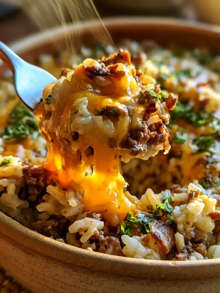 Beef Rice Bake: The Ultimate Cheesy Comfort Food Casserole 1 A macro shot showing individual fluffy grains of rice and browned ground beef underneath a layer of melted cheese in a beef rice bake.