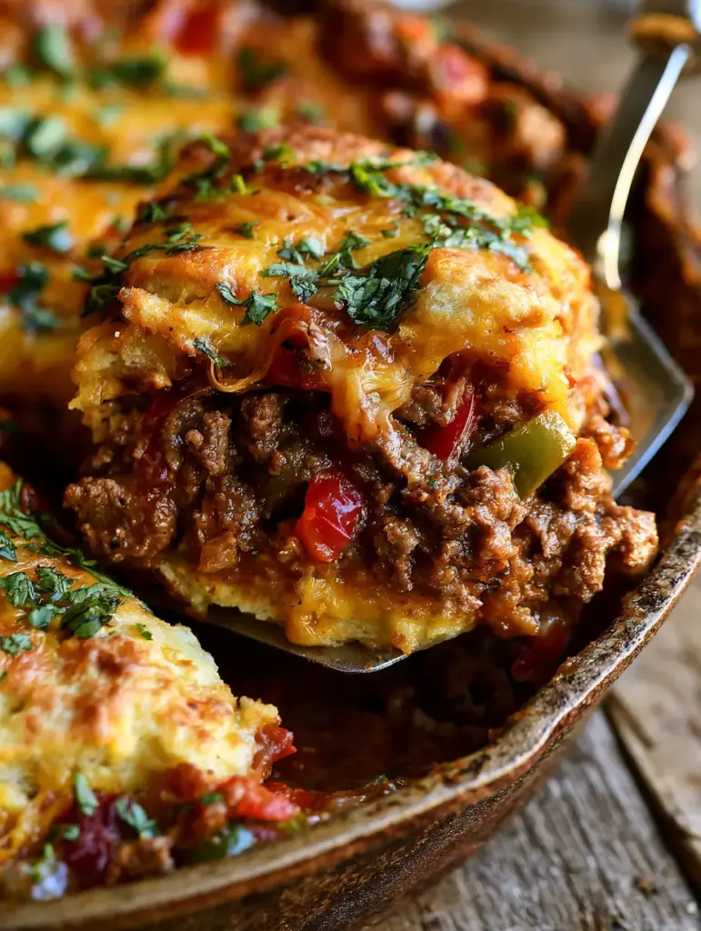 Overhead shot of a bubbling beef biscuit bake in a cast iron skillet with red and green peppers and fresh cilantro garnish.