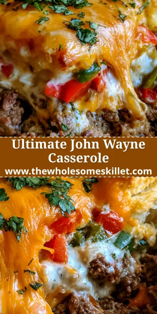 A steaming slice of John Wayne casserole with layers of beef, peppers, white sauce, and bubbling cheddar cheese. (john wayne casserole)