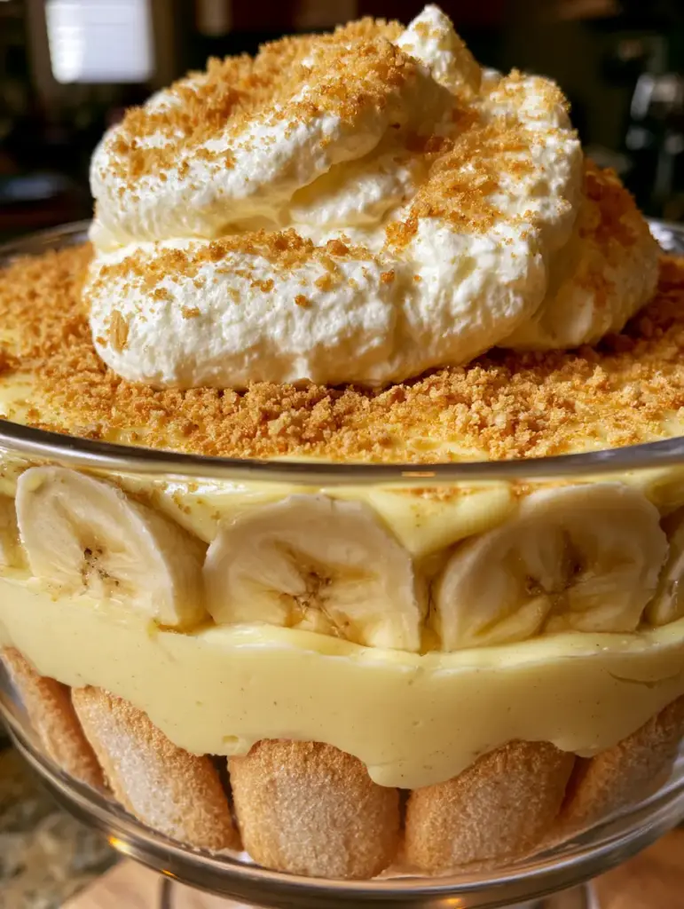Banana Pudding: The Ultimate Southern Trifle with Silky Vanilla Custard 1 Close-up of fluffy whipped cream cloud topped with golden cookie crumbs on a banana pudding trifle.