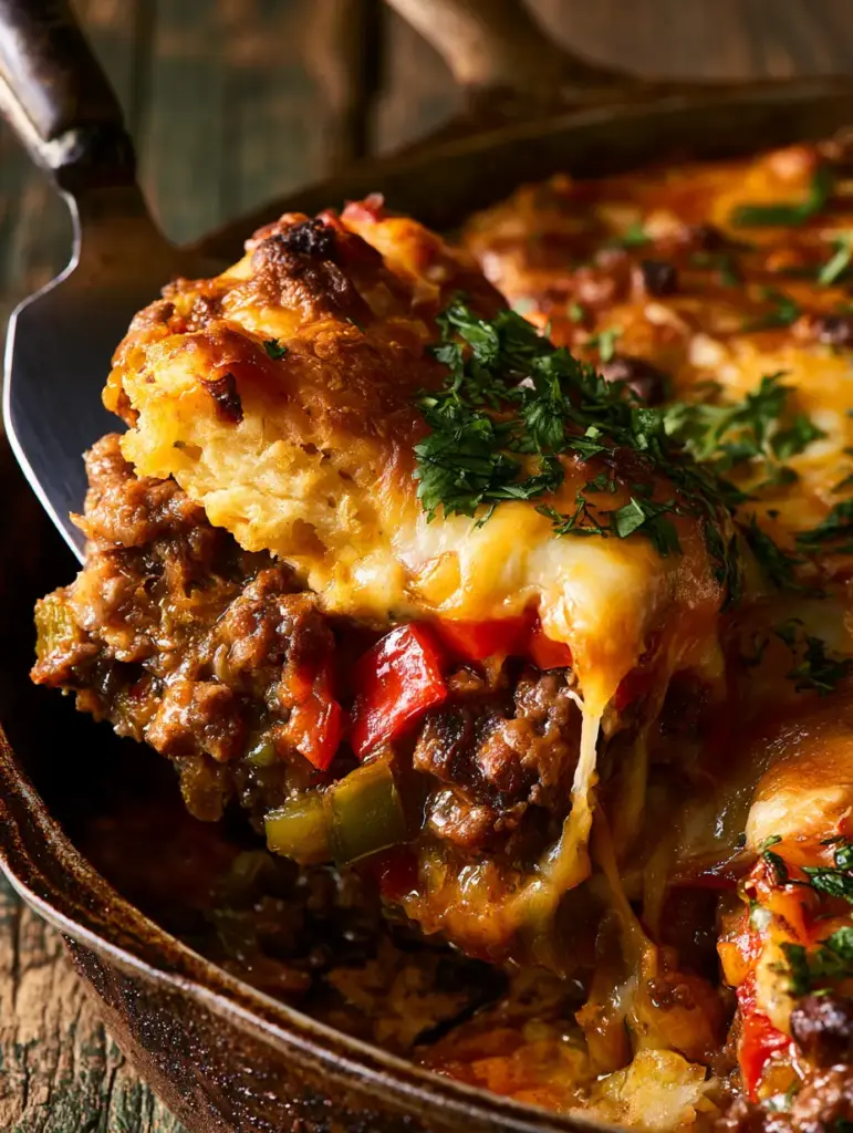 Detailed view of the layered textures in a beef biscuit bake, emphasizing the melted cheese pull and vibrant bell peppers.