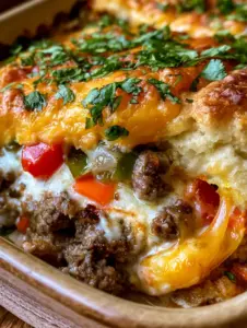 Close-up of a perfectly cut slice of john wayne casserole showing the flaky biscuit crust and gooey cheese layers. (john wayne casserole)