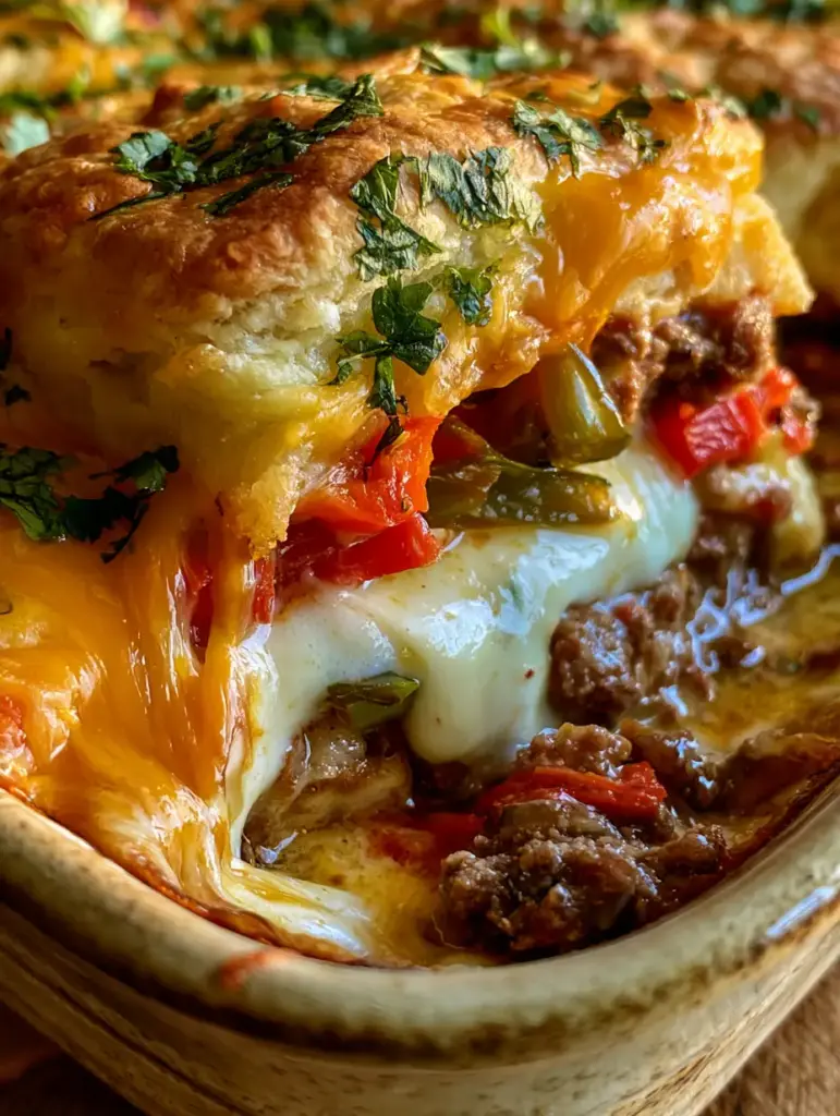 Overhead shot of John Wayne casserole in a rustic ceramic dish garnished with fresh green cilantro.
