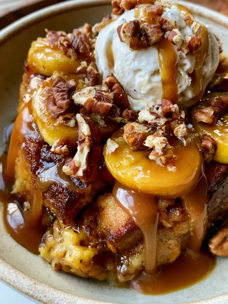 Gooey banana foster bread pudding topped with vibrant banana slices and toasted pecans.
