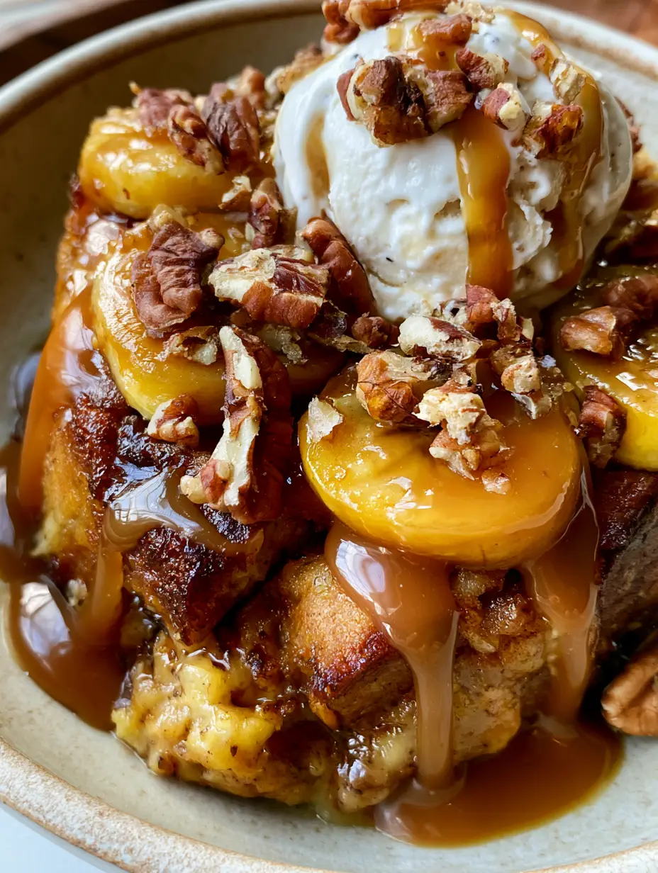 Banana Foster Bread Pudding: The Ultimate Gooey Slow Cooker Dessert 3 Gooey banana foster bread pudding topped with vibrant banana slices and toasted pecans.