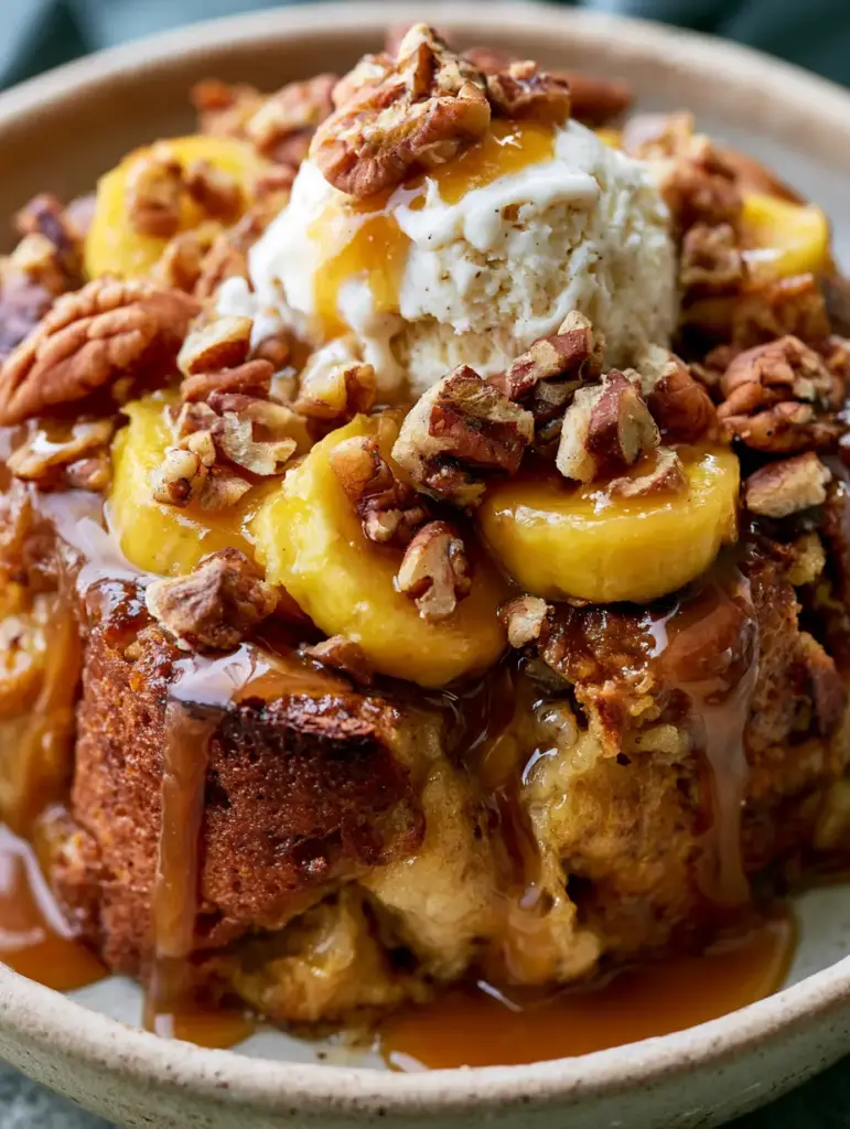 Banana Foster Bread Pudding: The Ultimate Gooey Slow Cooker Dessert 1 Caramel sauce drizzling down a scoop of vanilla bean ice cream on bread pudding.